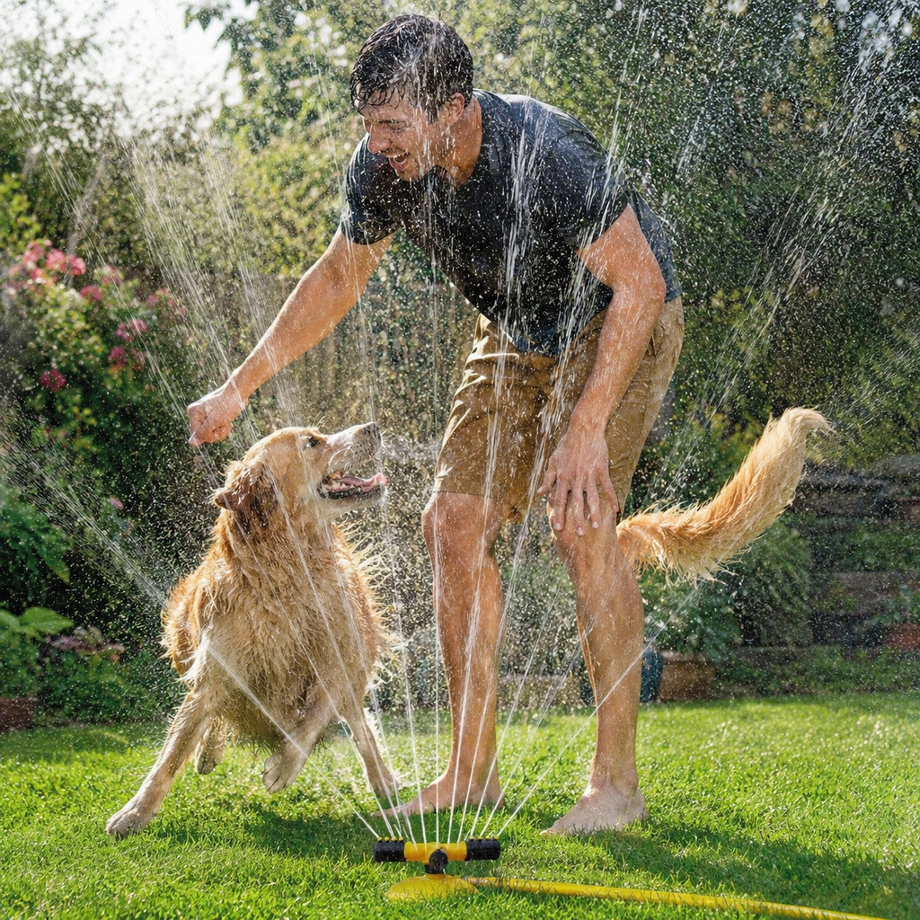 Perro refrescándose con el aspersor de jardín en verano